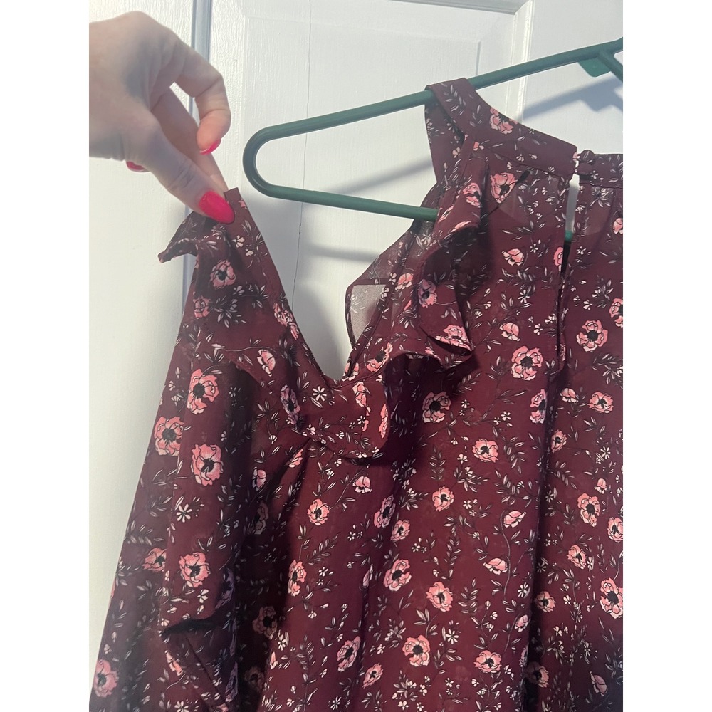 Aeropostale Floral Cold Shoulder‎ Ruffle Blouse Long Sleeve Top Maroon M - Picture 4 of 8